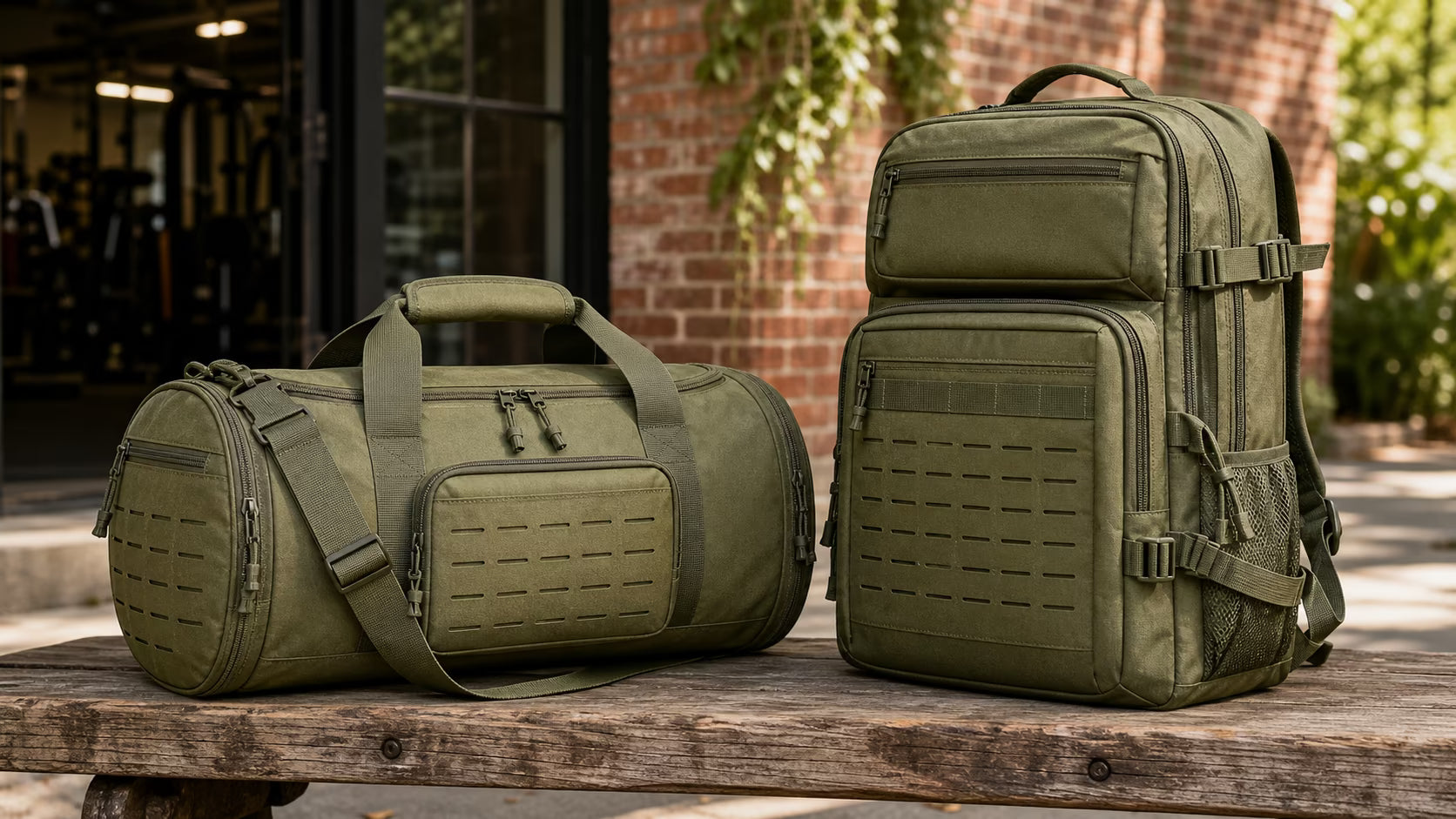Army green 40L tactical duffle bag and green 45L tactical MOLLE backpack side by side on a wooden bench outside a gym