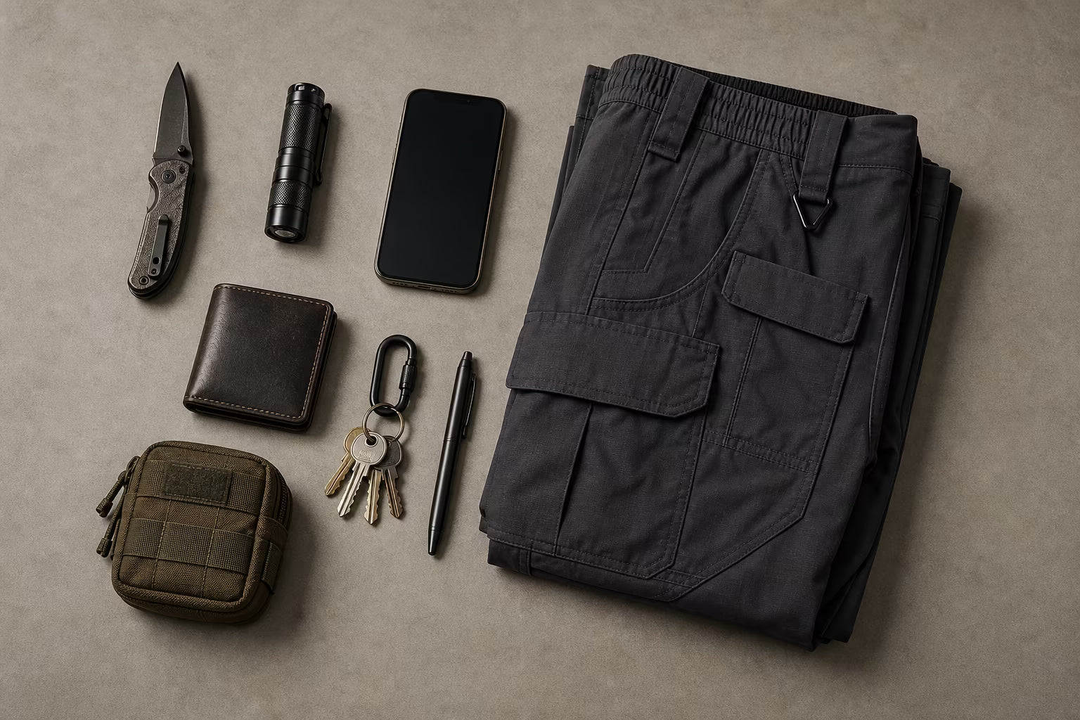 Everyday carry gear laid out beside CARWORNIC tactical cargo pants