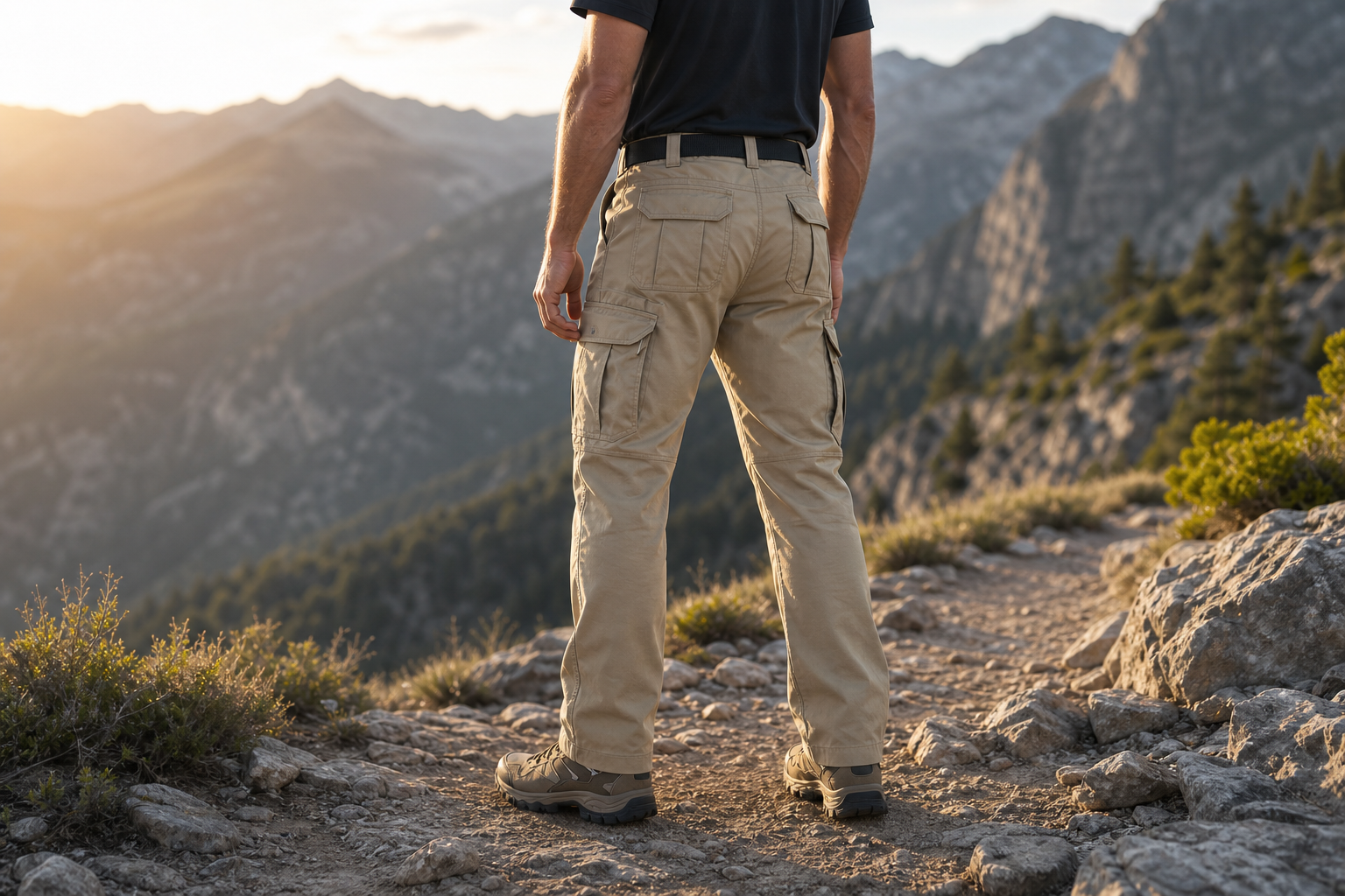 Man wearing khaki tactical cargo pants on a mountain trail showing proper straight-leg fit