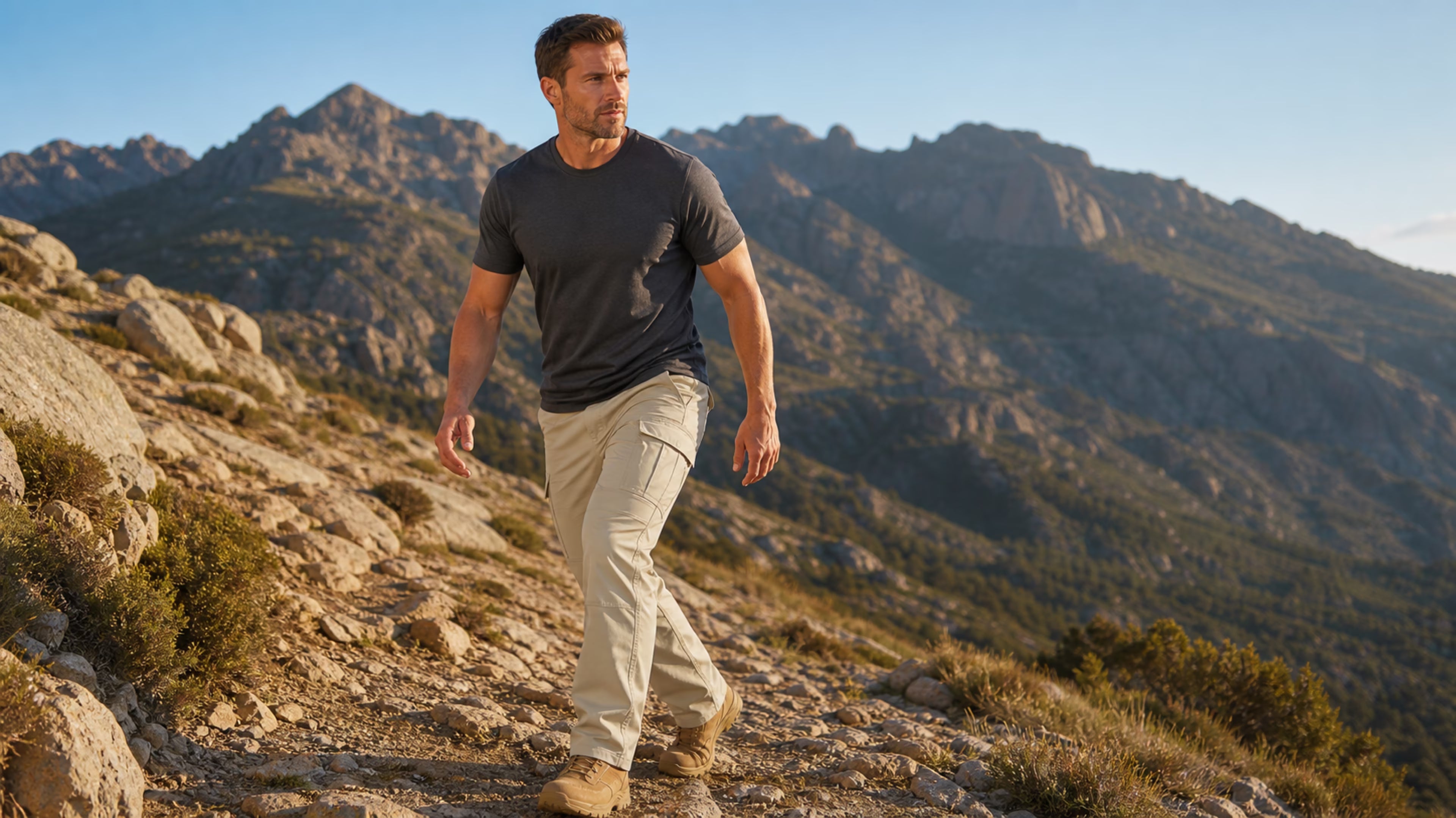 Man hiking up a rocky mountain trail at golden hour wearing khaki ripstop tactical cargo pants