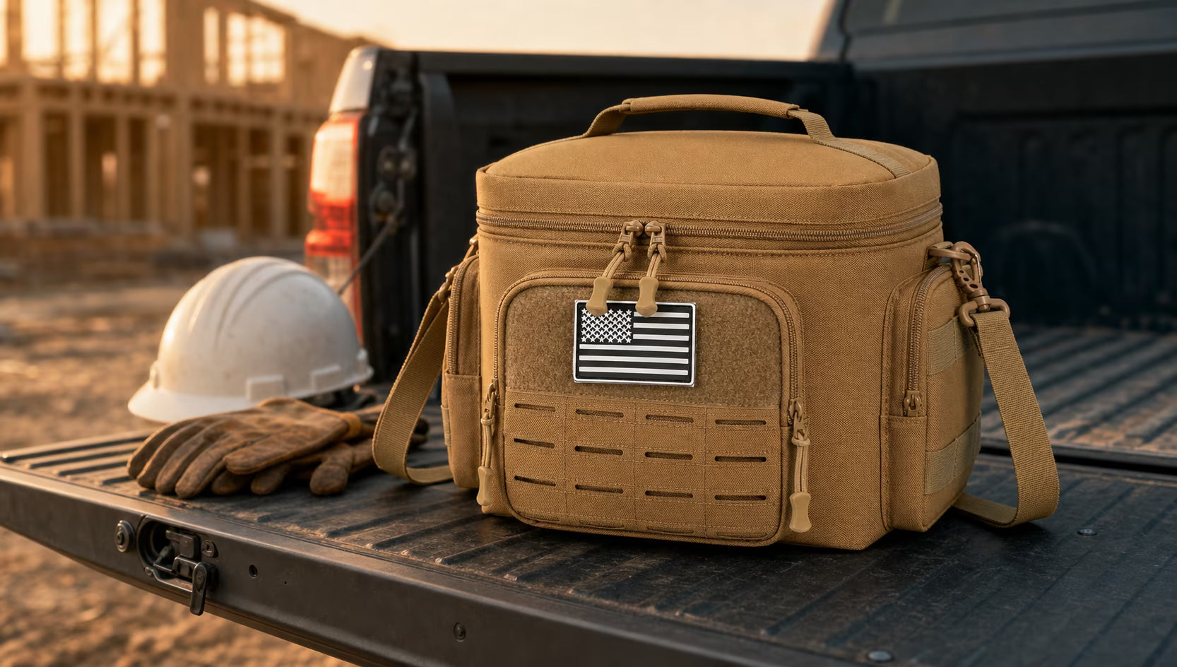 Khaki tactical lunch box with MOLLE webbing and U.S. flag patch on a truck tailgate