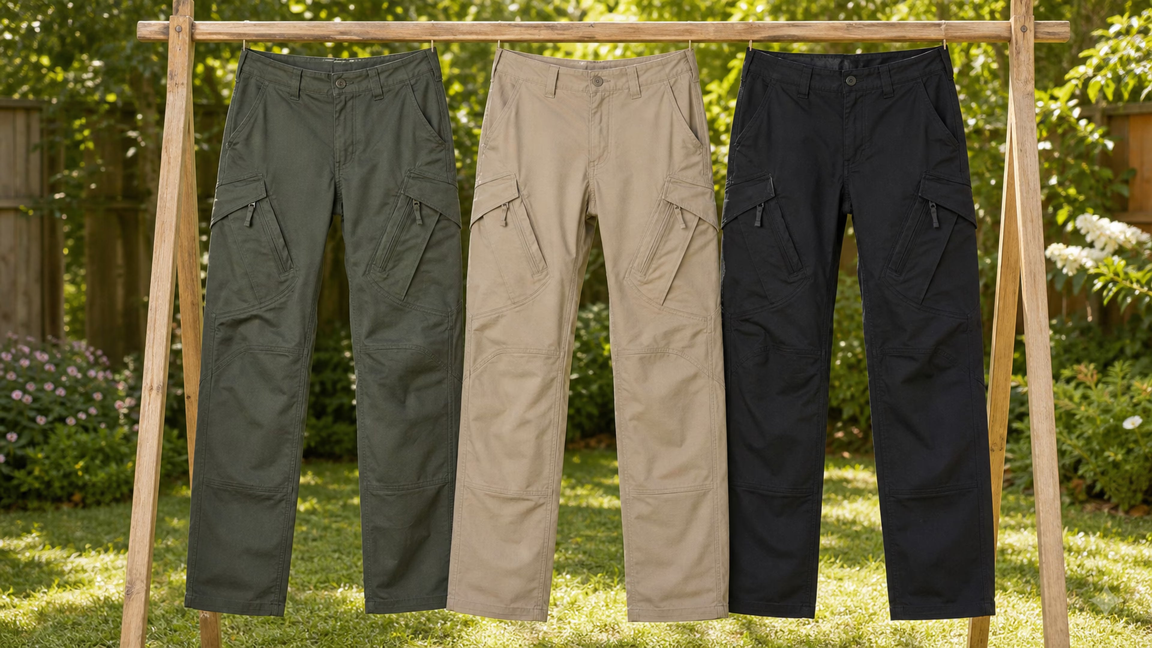 Three pairs of tactical cargo pants in olive, khaki, and black air-drying on a wooden rack in a sunny backyard