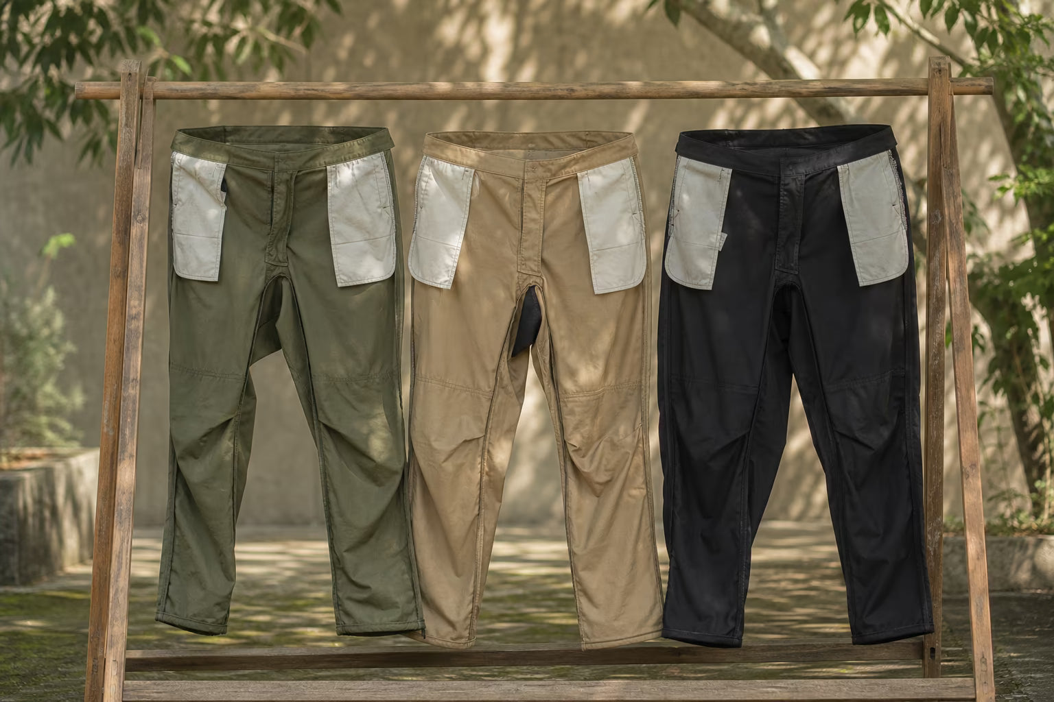 Three pairs of tactical pants in olive, khaki, and black hanging inside-out on a wooden rack in dappled shade, drying naturally, soft daylight