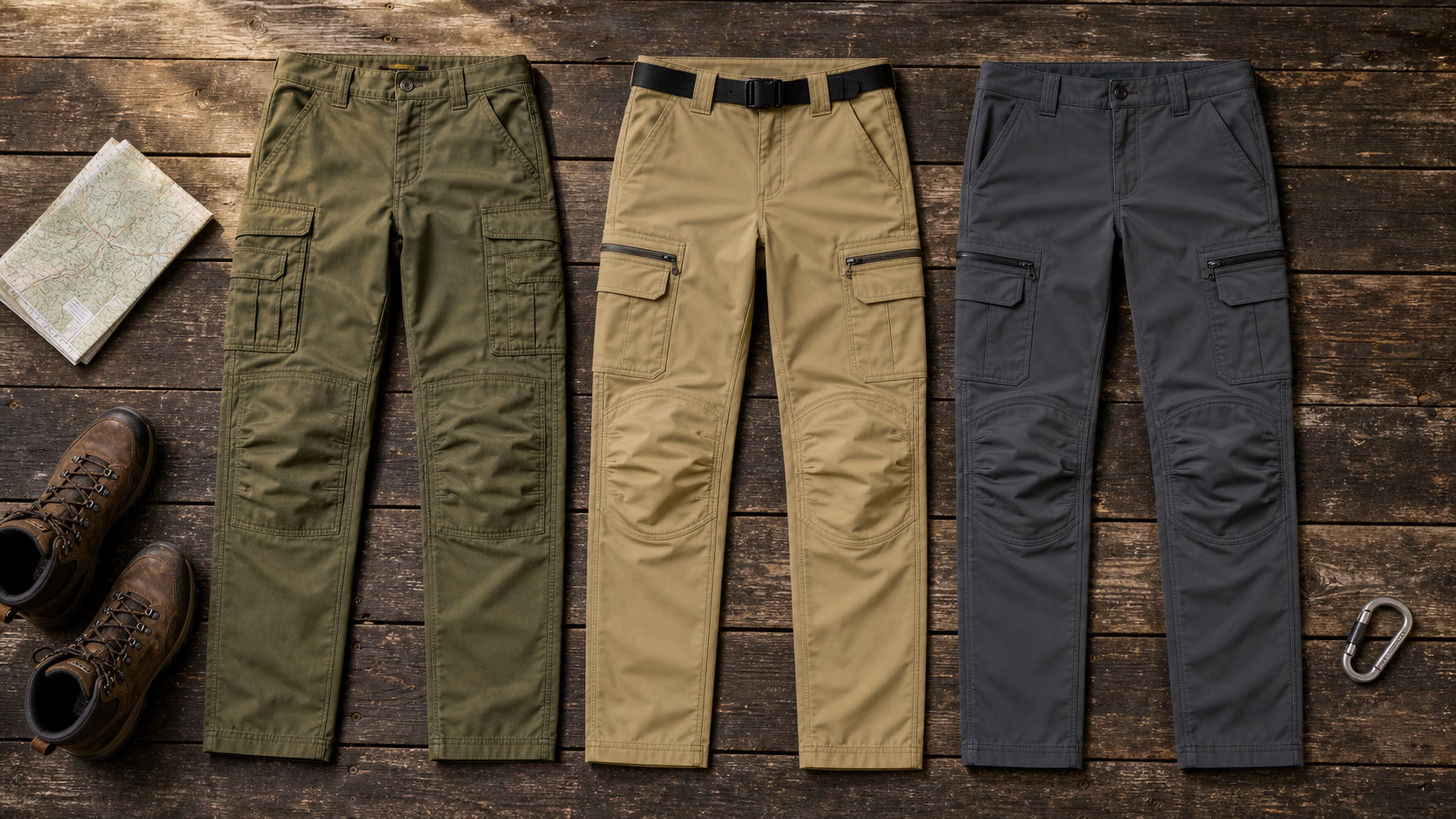 Olive tactical, khaki cargo, and gray hiking pants laid side by side on dark wood with hiking boots and a trail map
