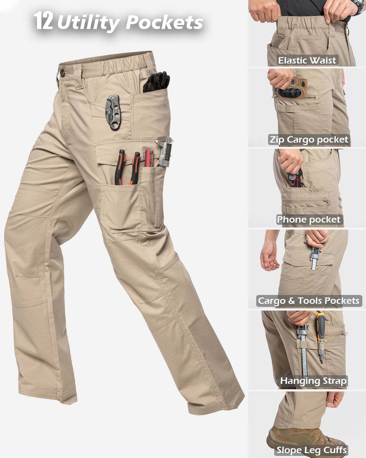 Men's Stretch Ripstop Work Pants - 12 Pockets