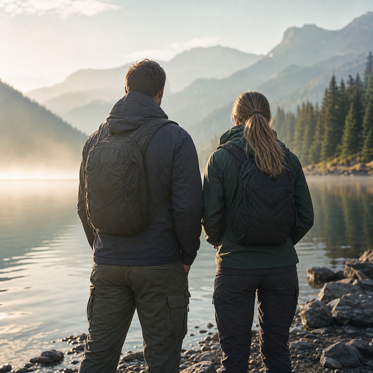 CARWORNIC outdoor explorers — couple at alpine lake at golden hour