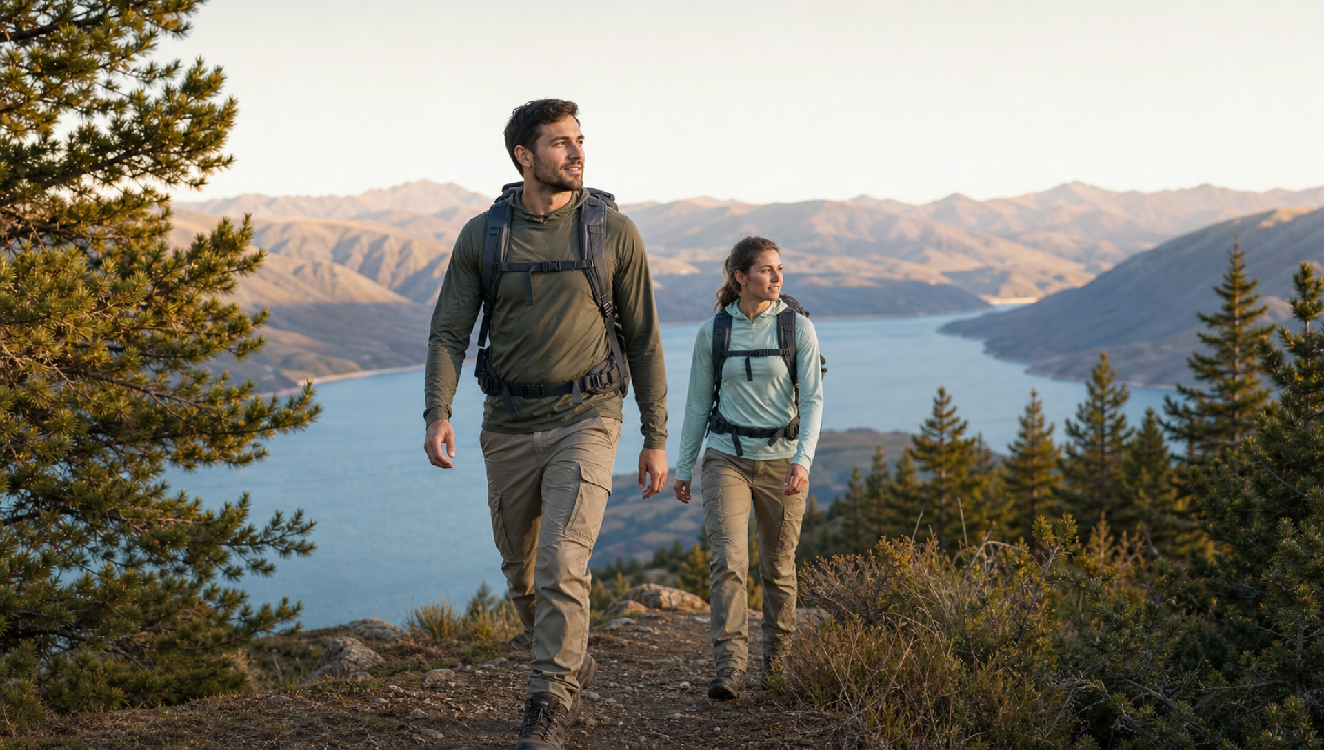 Male and female hikers wearing CARWORNIC khaki tactical pants on mountain ridge above lake